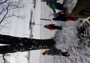 Na zdjęciu znajdują się dzieci rzucające śnieżkami do drzewa